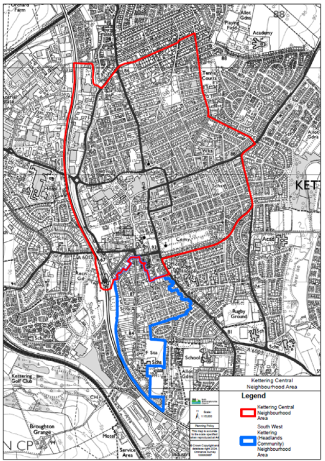 Map showing the boundary of Kettering Neighbourhood Area, which covers the town centre and surrounding victorian developments, and meets the South West Kettering Neighbourhood Area to the South.